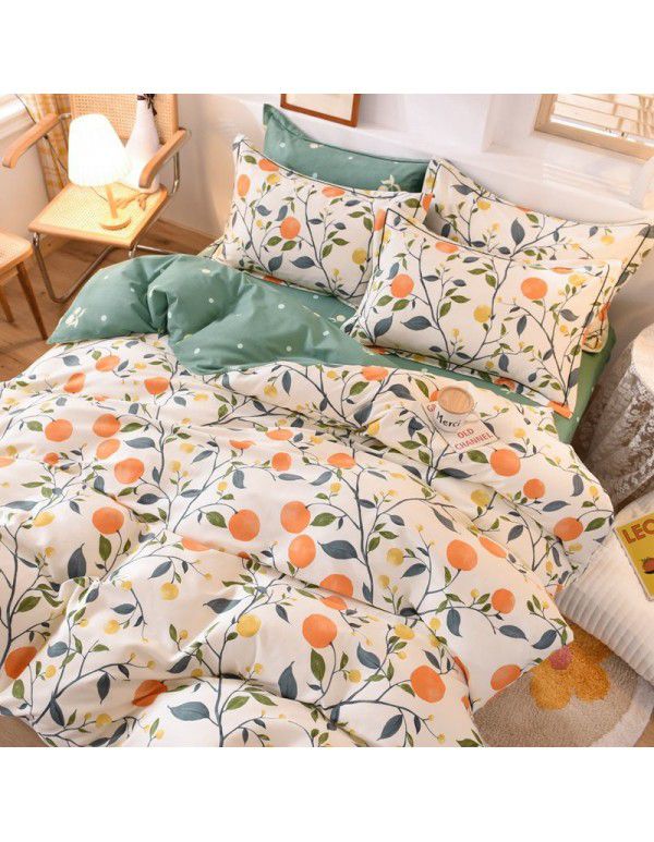 Thickened warm keeping pure cotton buffed four piece cotton quilt cover sheet 1.5/1.8m simple three piece bedding set