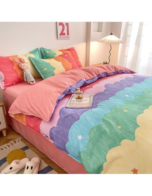 Cotton brushed four piece fitted sheet small fresh thickened sheet quilt cover three piece bedding gift wholesale