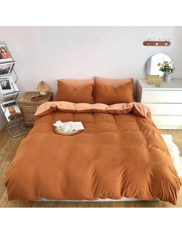 Autumn and winter new color contrast knitted cotton four piece set simple plain color quilt cover pillowcase bed sheet fitted sheet set wholesale