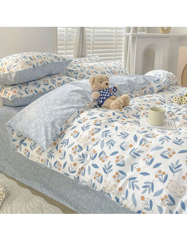 Ins style pure cotton bedding four piece set 100 cotton cartoon dormitory bed sheet three piece set children's fitted sheet quilt cover