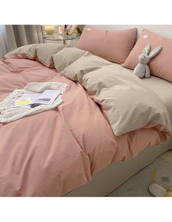 Cotton wash cotton bed four piece set 100 cotton summer Japanese simple bed linen three piece set white quilt cover sheet 4