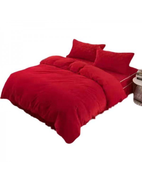 Solid crystal velvet quilt cover 4-piece set single flannel bed sheet double quilt cover thickened thermal coral velvet pad winter