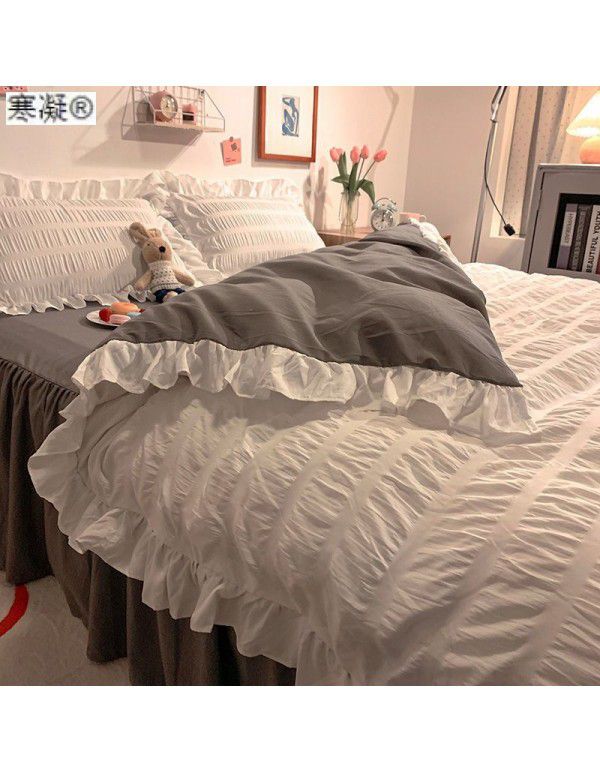 Bedding sheet quilt cover 4-piece water washed cotton bed princess wind lotus leaf edge bedspread pleated quilt bed skirt bedding