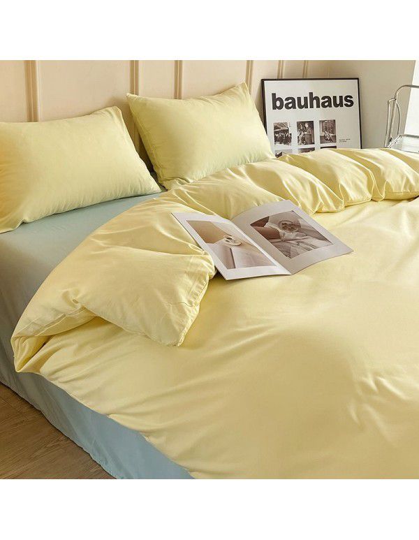 Ins style simple four piece set solid color washed cotton student dormitory three piece bed sheet quilt cover bedding wholesale