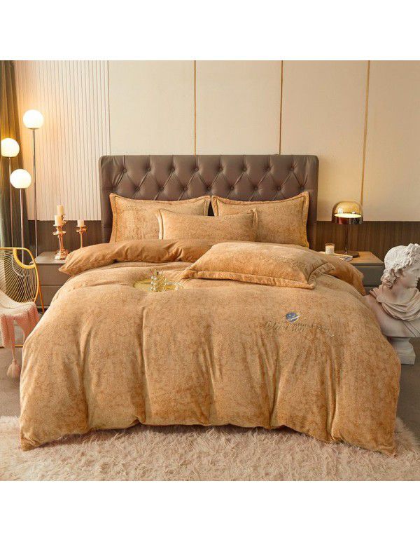 Printed Nude Sleeping Washing Autumn and Winter Thickened Milk Velvet Embroidery Duvet Cover Sheet Fitted Sheet 4-Piece All Cotton Bedding