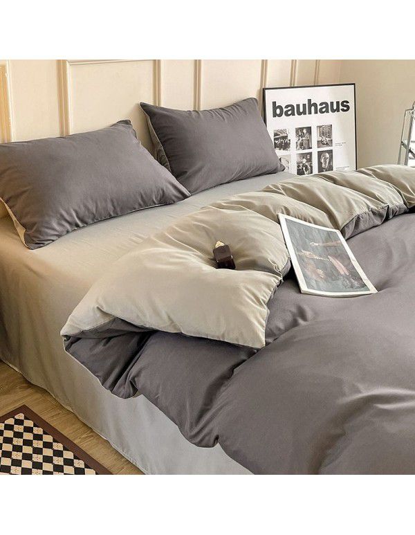 Ins style simple four piece set solid color washed cotton student dormitory three piece bed sheet quilt cover bedding wholesale