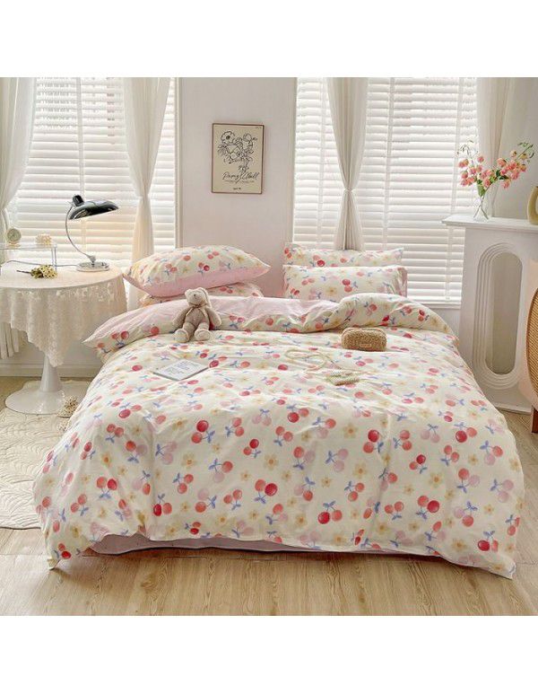 Ins style pure cotton bedding four piece set 100 cotton cartoon dormitory bed sheet three piece set children's fitted sheet quilt cover