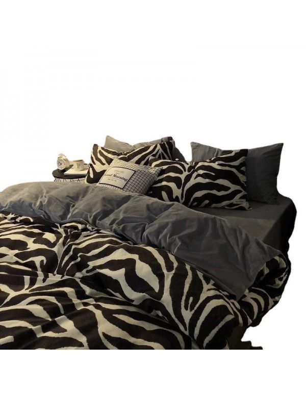 Net red ins zebra pattern quilt cover, 4-piece washable cotton set, simple black and white twin bedding, 3-piece dormitory set