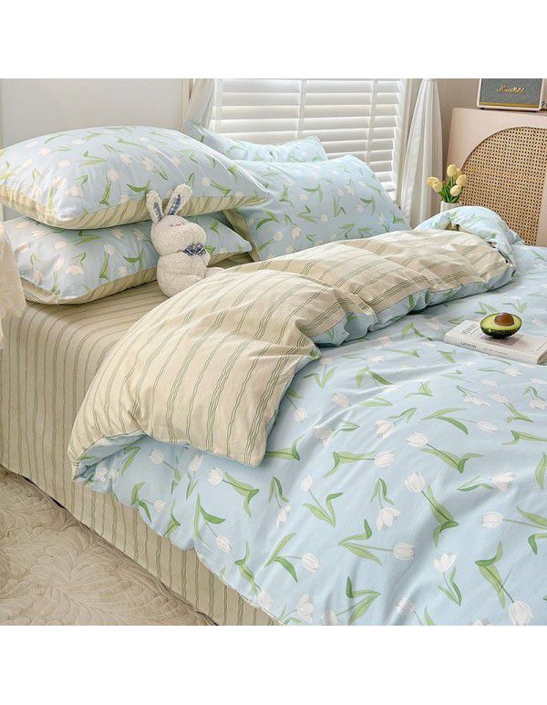 Ins style pure cotton bedding four piece set 100 cotton cartoon dormitory bed sheet three piece set children's fitted sheet quilt cover