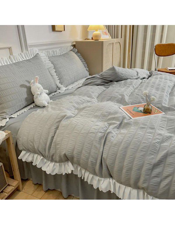 Bedding sheet quilt cover 4-piece water washed cotton bed princess wind lotus leaf edge bedspread pleated quilt bed skirt bedding