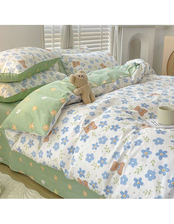 Ins style pure cotton bedding four piece set 100 cotton cartoon dormitory bed sheet three piece set children's fitted sheet quilt cover