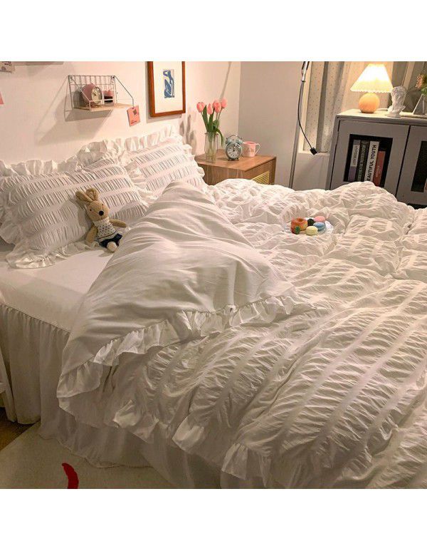 Bedding sheet quilt cover 4-piece water washed cotton bed princess wind lotus leaf edge bedspread pleated quilt bed skirt bedding