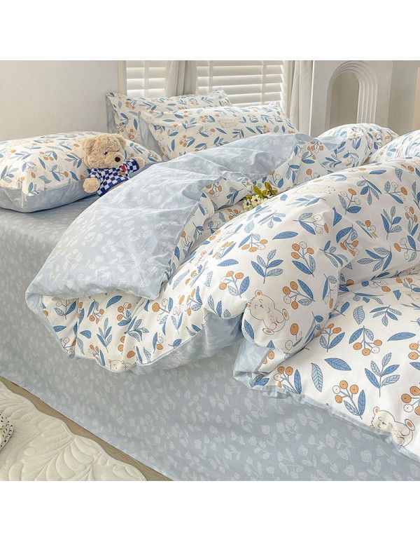 Ins style pure cotton bedding four piece set 100 cotton cartoon dormitory bed sheet three piece set children's fitted sheet quilt cover