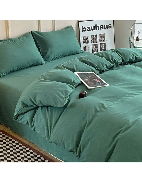 Ins style simple four piece set solid color washed cotton student dormitory three piece bed sheet quilt cover bedding wholesale