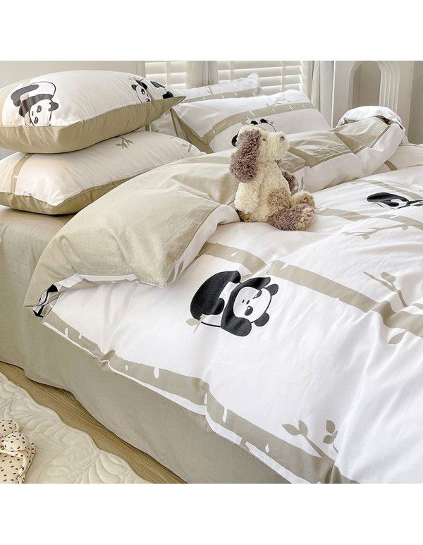 Ins style pure cotton bedding four piece set 100 cotton cartoon dormitory bed sheet three piece set children's fitted sheet quilt cover