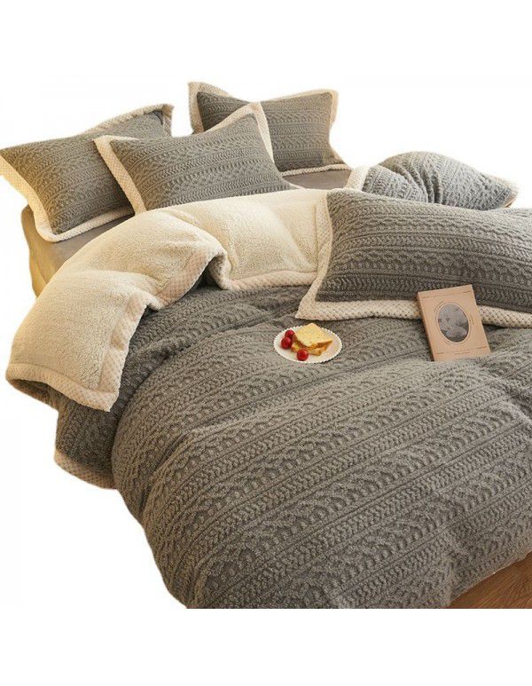 Winter taff cashmere four piece set solid thickened warm bed sheet quilt cover double-sided A cashmere simple bed