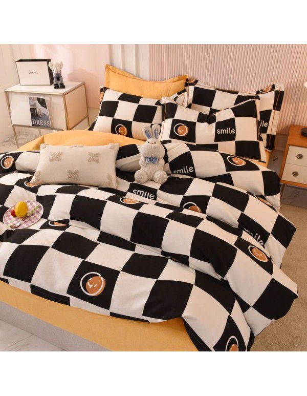 Thickened warm keeping pure cotton buffed four piece cotton quilt cover sheet 1.5/1.8m simple three piece bedding set