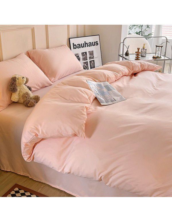 Ins style simple four piece set solid color washed cotton student dormitory three piece bed sheet quilt cover bedding wholesale