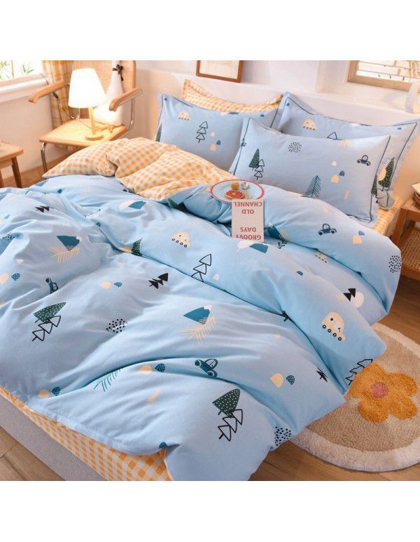 Thickened warm keeping pure cotton buffed four piece cotton quilt cover sheet 1.5/1.8m simple three piece bedding set