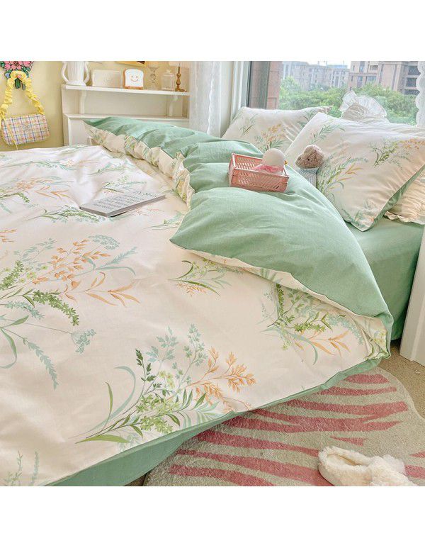 Ins wind pure cotton 100% cotton four piece bed set floral mesh red bed quilt cover sheet three piece fitted sheet