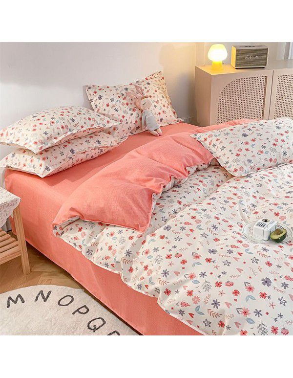 Cotton brushed four piece fitted sheet small fresh thickened sheet quilt cover three piece bedding gift wholesale