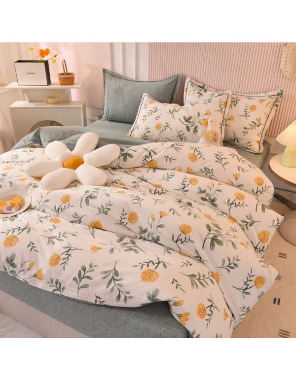 Thickened warm keeping pure cotton buffed four piece cotton quilt cover sheet 1.5/1.8m simple three piece bedding set