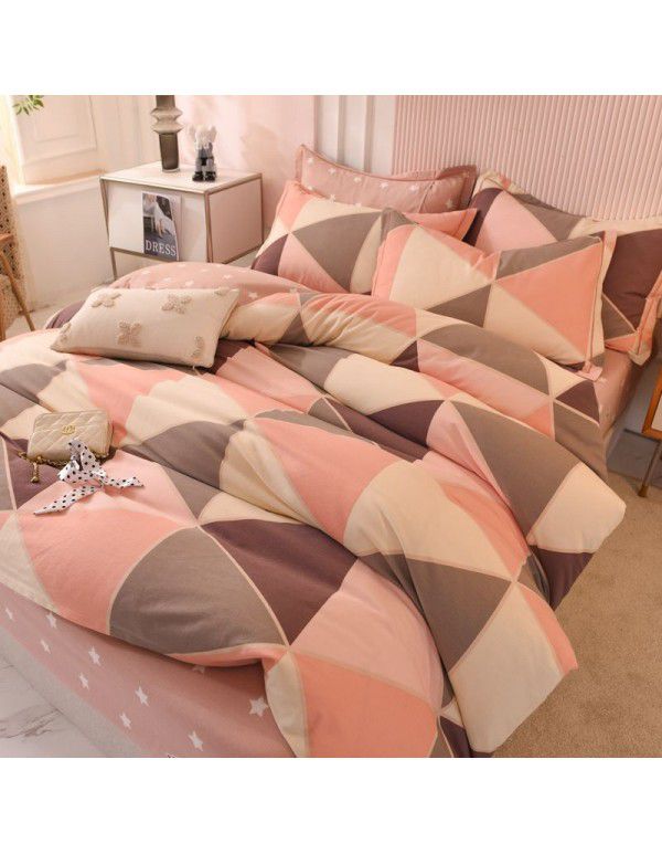 Thickened warm keeping pure cotton buffed four piece cotton quilt cover sheet 1.5/1.8m simple three piece bedding set