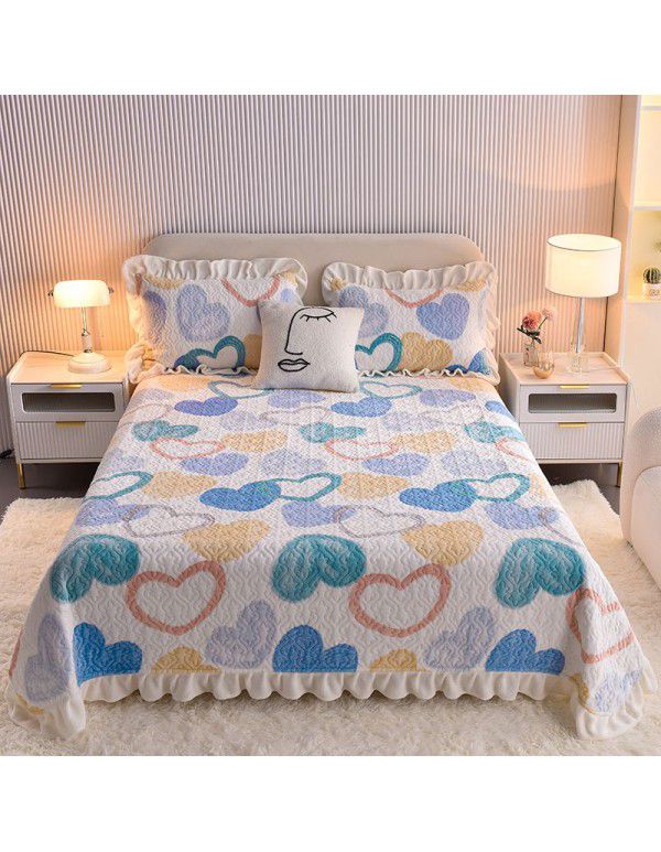 Cream wind milk velvet bed cover 3-piece set Korean lace bedspread cotton clip slip slip single bed cover coral velvet bed sheet winter