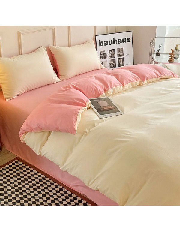 Ins style simple four piece set solid color washed cotton student dormitory three piece bed sheet quilt cover bedding wholesale