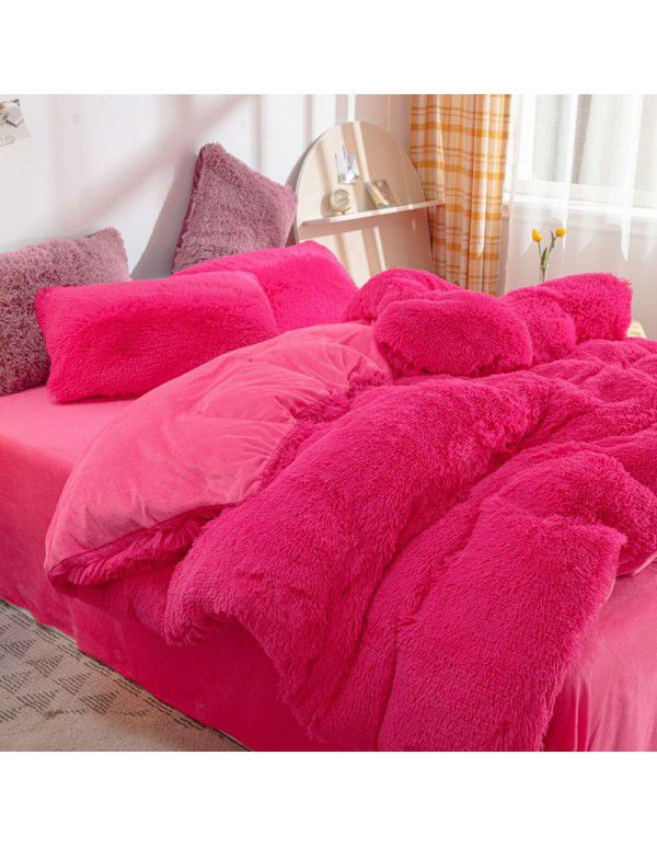 Mink four piece warm and comfortable princess style long plush three piece solid color bed sheet