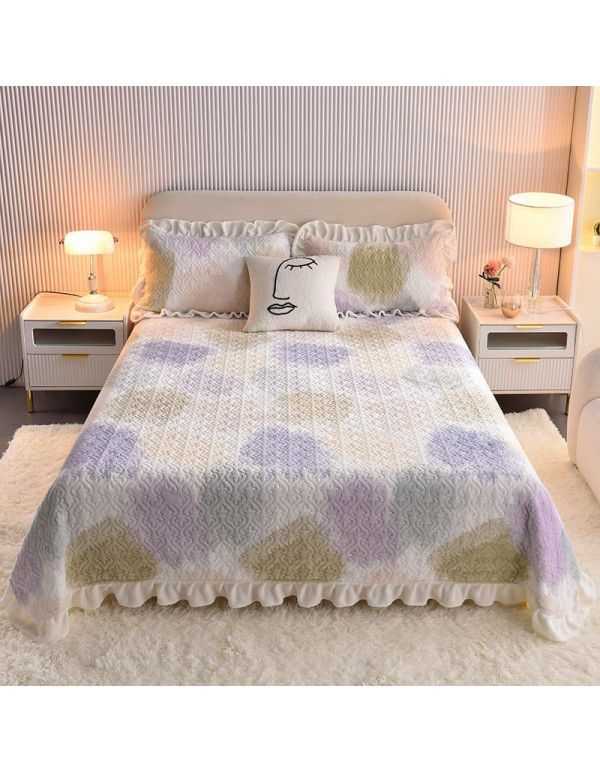 Cream wind milk velvet bed cover 3-piece set Korean lace bedspread cotton clip slip slip single bed cover coral velvet bed sheet winter