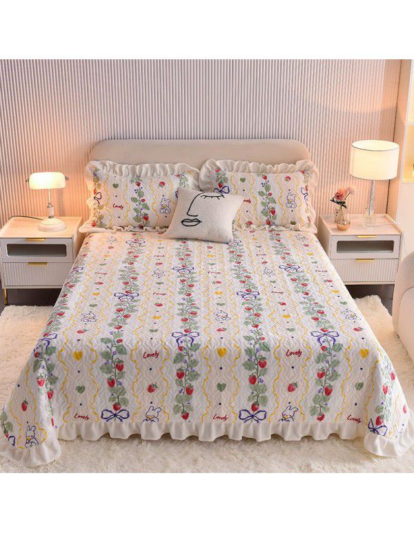 Cream wind milk velvet bed cover 3-piece set Korean lace bedspread cotton clip slip slip single bed cover coral velvet bed sheet winter