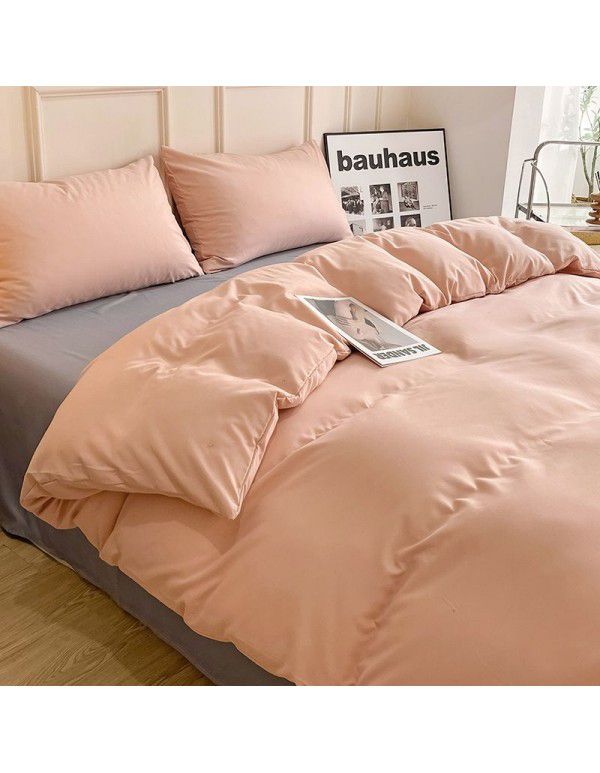 Ins style simple four piece set solid color washed cotton student dormitory three piece bed sheet quilt cover bedding wholesale