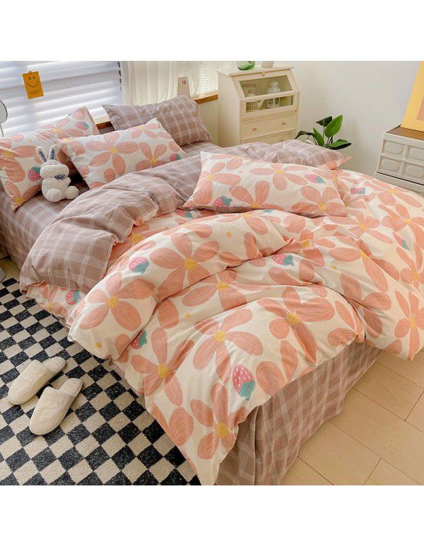 Ins style pure cotton bedding four piece set 100 cotton cartoon dormitory bed sheet three piece set children's fitted sheet quilt cover