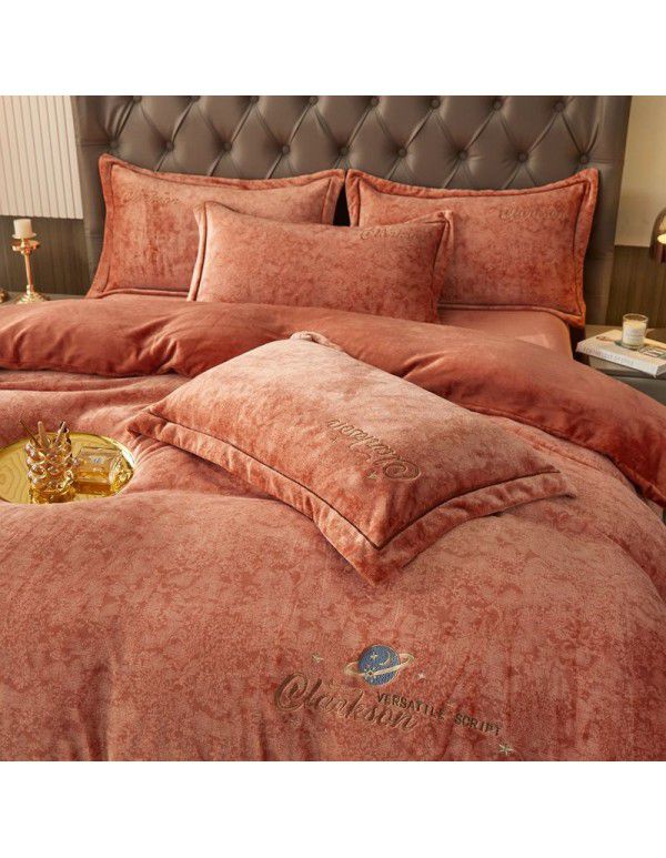 Printed Nude Sleeping Washing Autumn and Winter Thickened Milk Velvet Embroidery Duvet Cover Sheet Fitted Sheet 4-Piece All Cotton Bedding