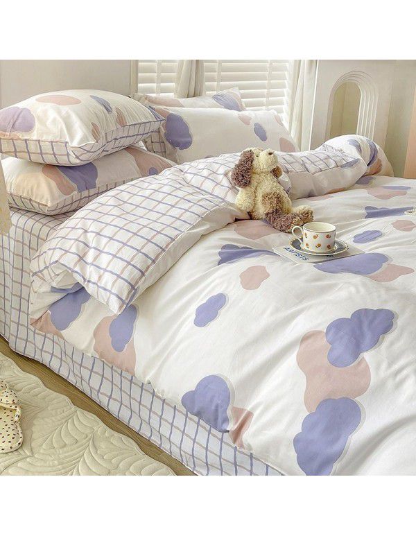 Ins style pure cotton bedding four piece set 100 cotton cartoon dormitory bed sheet three piece set children's fitted sheet quilt cover