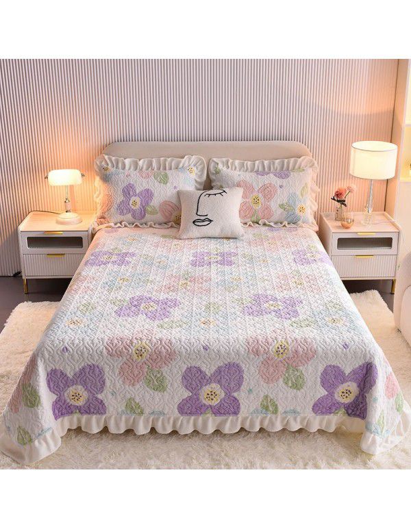 Cream wind milk velvet bed cover 3-piece set Korean lace bedspread cotton clip slip slip single bed cover coral velvet bed sheet winter