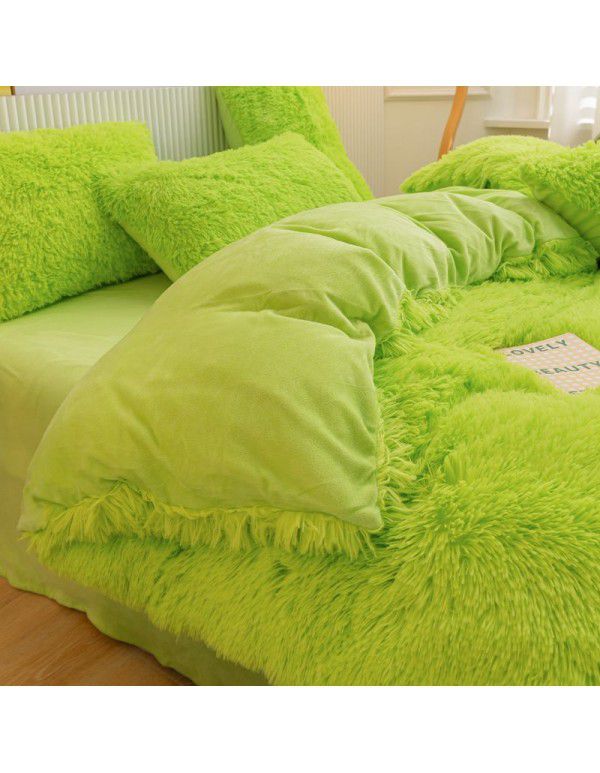 Mink four piece warm and comfortable princess style long plush three piece solid color bed sheet