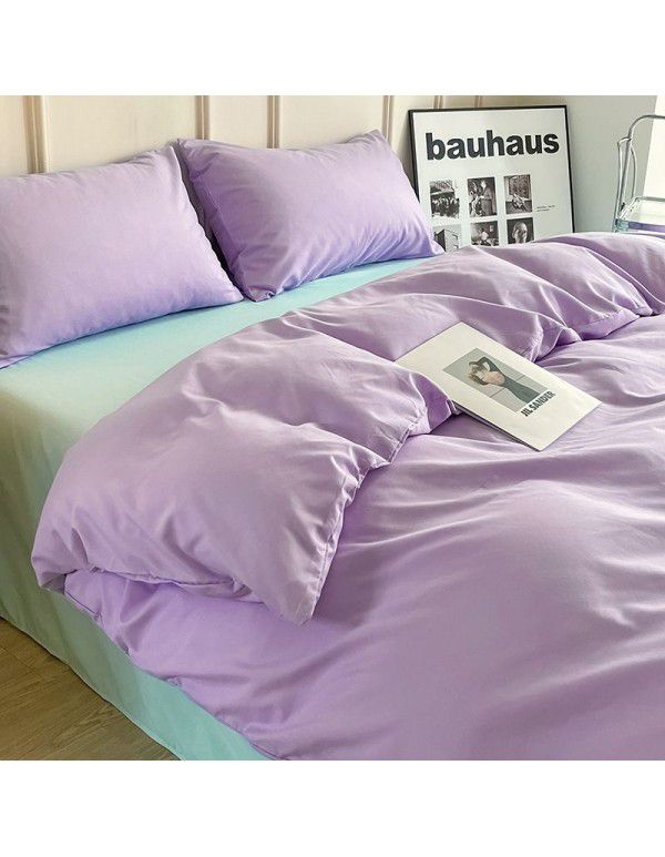 Ins style simple four piece set solid color washed cotton student dormitory three piece bed sheet quilt cover bedding wholesale