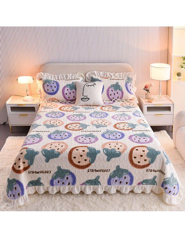 Cream wind milk velvet bed cover 3-piece set Korean lace bedspread cotton clip slip slip single bed cover coral velvet bed sheet winter