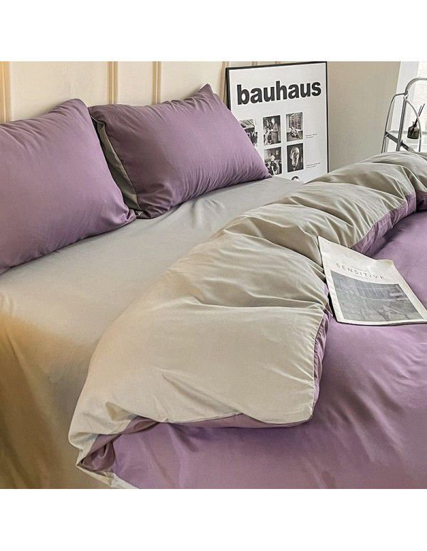 Ins style simple four piece set solid color washed cotton student dormitory three piece bed sheet quilt cover bedding wholesale