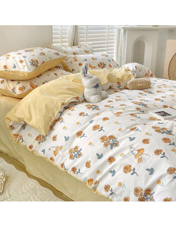 Ins style pure cotton bedding four piece set 100 cotton cartoon dormitory bed sheet three piece set children's fitted sheet quilt cover