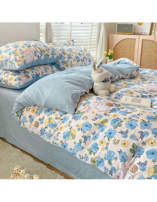 Ins style pure cotton bedding four piece set 100 cotton cartoon dormitory bed sheet three piece set children's fitted sheet quilt cover