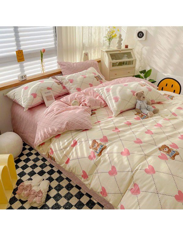 Ins style pure cotton bedding four piece set 100 cotton cartoon dormitory bed sheet three piece set children's fitted sheet quilt cover