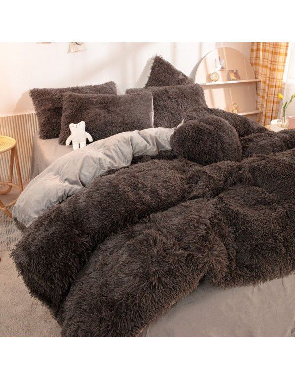 Mink four piece warm and comfortable princess style long plush three piece solid color bed sheet