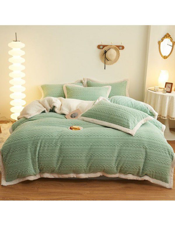 Winter taff cashmere four piece set solid thickened warm bed sheet quilt cover double-sided A cashmere simple bed