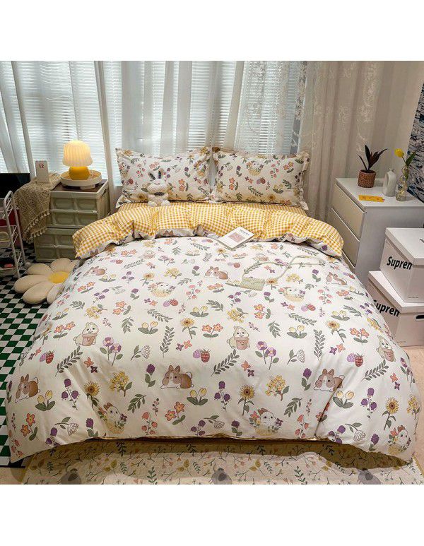 Autumn and Winter 60 Thread Count Countryside Small Fresh Cotton Long staple Cotton Print 4-Piece Flat Sheet Quilt Cover Pillow Case Washing Kit