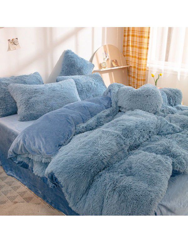 Mink four piece warm and comfortable princess style long plush three piece solid color bed sheet