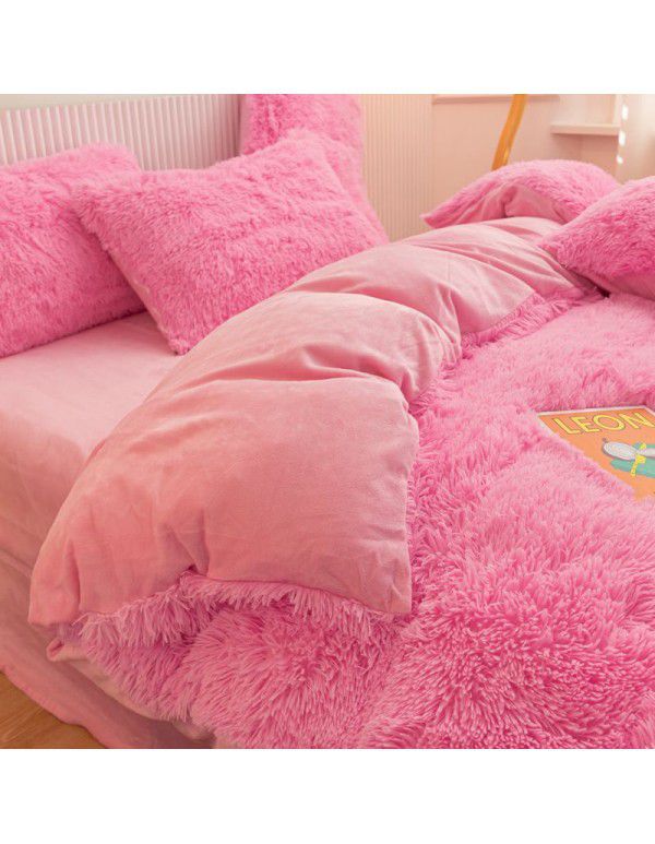 Mink four piece warm and comfortable princess style long plush three piece solid color bed sheet