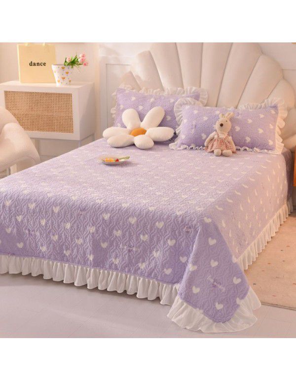 Cream wind milk velvet bed cover 3-piece set Korean lace bedspread cotton clip slip slip single bed cover coral velvet bed sheet winter